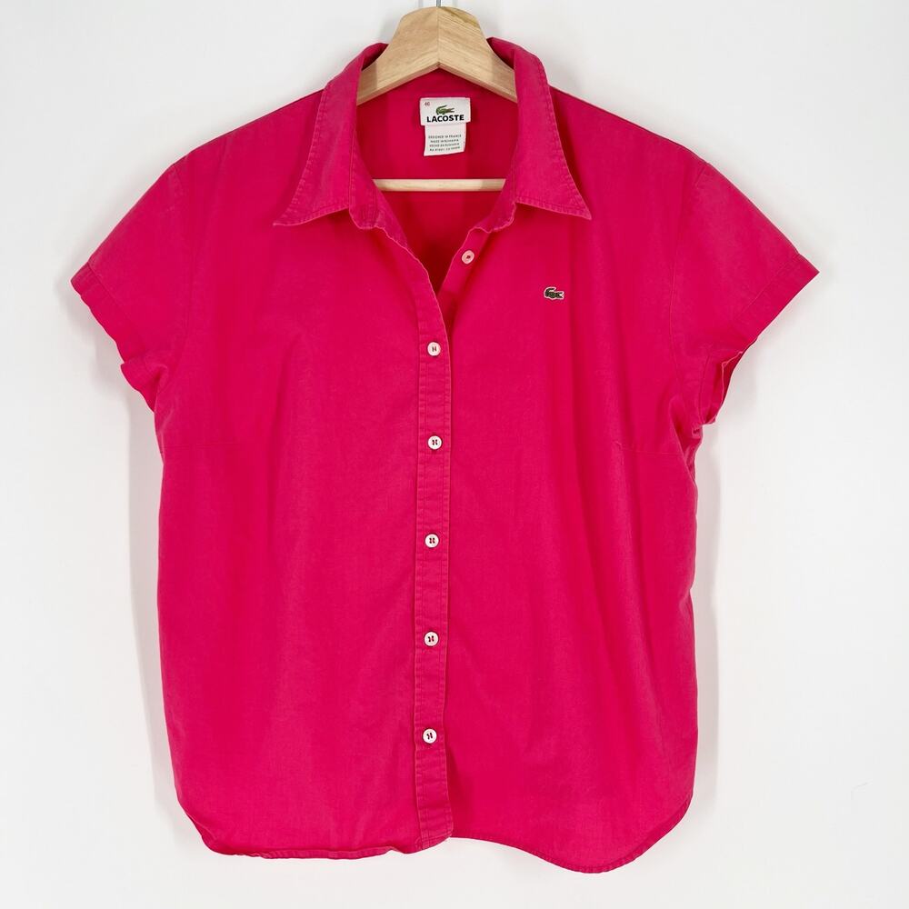 Lacoste Button Up Blouse Top Women 46 US XXL Fuchsia Pink Short Cap Sleeves Crop